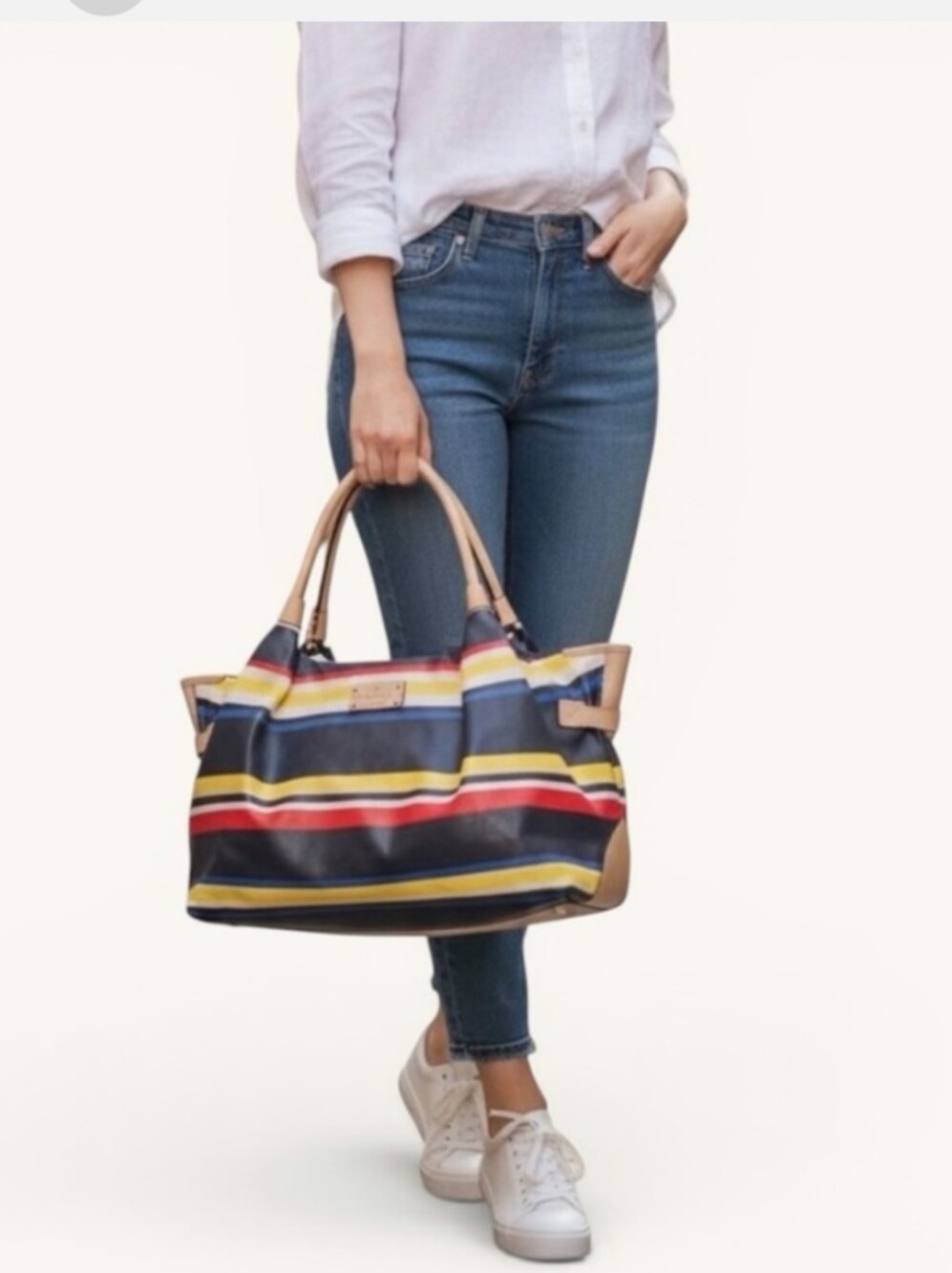 kate spade Navy Multicolor Striped Leather Tote with Tan Handles